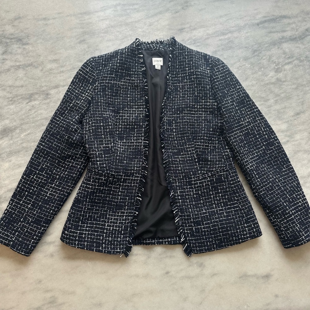 J. Crew Navy and White Tweed Fringe Open-Front Blazer Sz 2